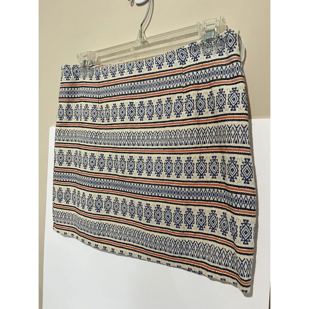 Miami | Mini Skirt Woven Cotton Aztec Print Cream Blue Orange, Lined, Size Small